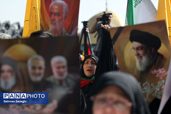تجمع محکومیت ترور سید حسن نصرالله و قدردانی از عملیات وعده صادق ۲ در میدان امام حسین(ع)