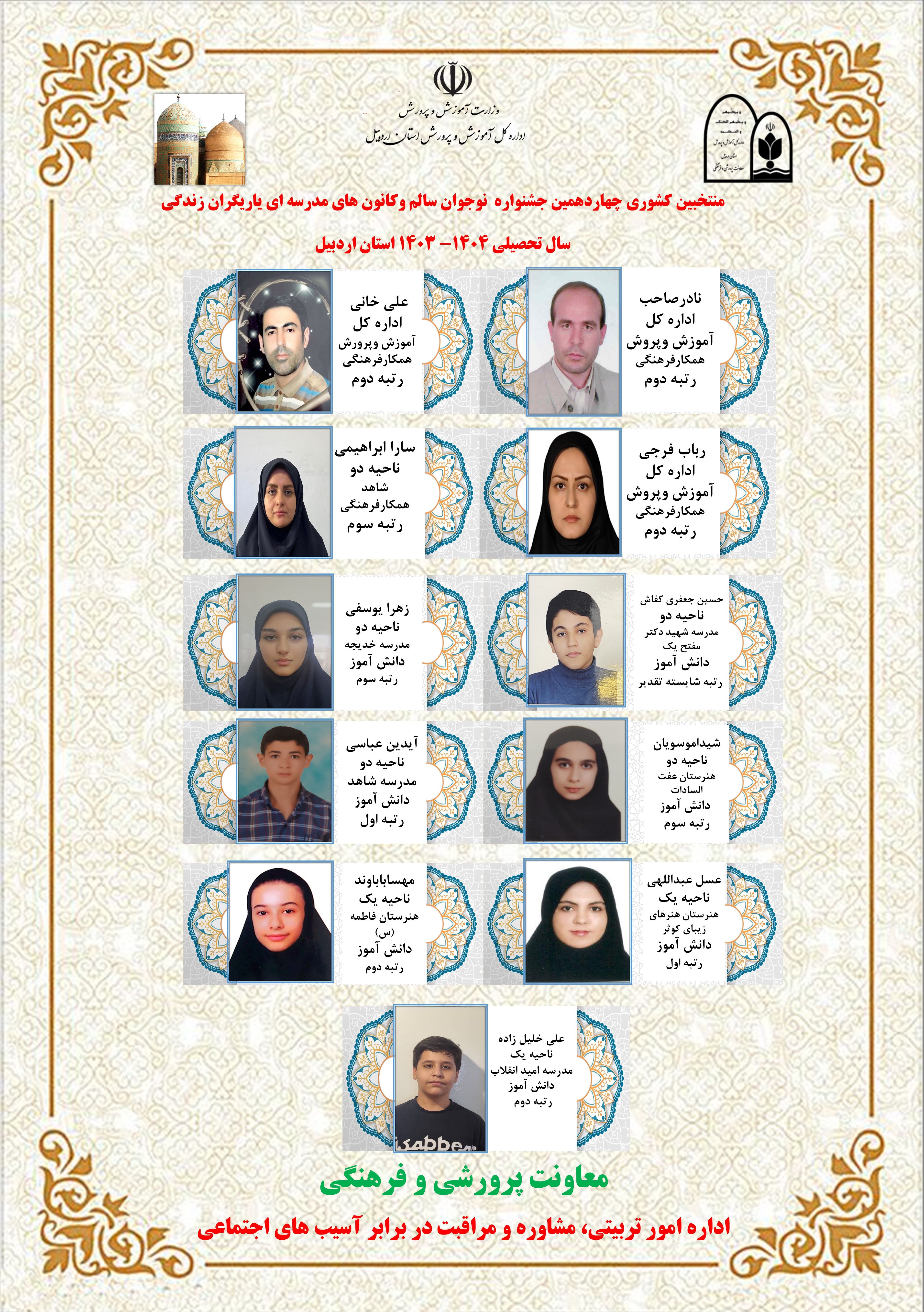 افتخارآفرینی فرهنگیان و دانش‌آموزان اردبیلی در چهاردهمین جشنواره کشوری نوجوان سالم