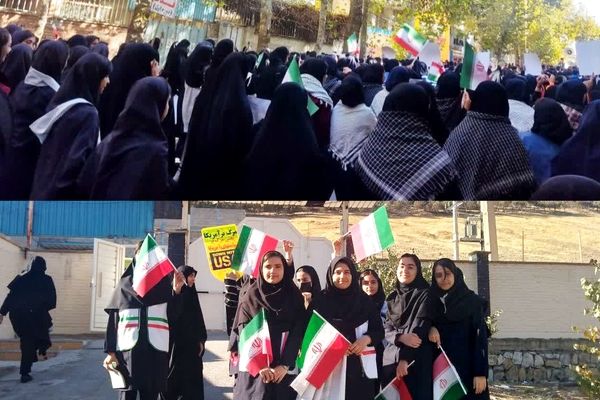 هم‌قدمی دانش‌آموزان مدرسه نمونه دولتی بهشت آیین خرم‌آباد با مردم در راهپیمایی یوم‌الله ۱۳ آبان