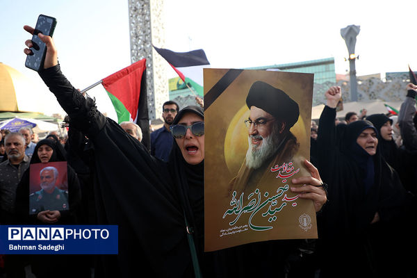 تجمع محکومیت ترور سید حسن نصرالله و قدردانی از عملیات وعده صادق ۲ در میدان امام حسین(ع)