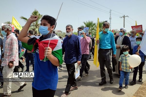 راهپیمایی روز قدس در هرمزگان با حضور پرشور فرهنگیان و دانش‌آموزان پیشتاز