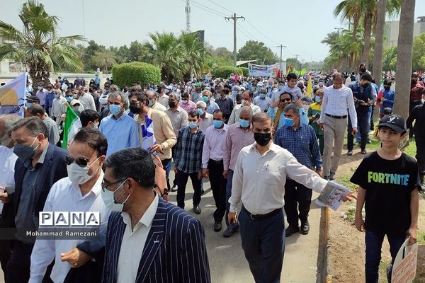 راهپیمایی روز قدس در هرمزگان با حضور پرشور فرهنگیان و دانش‌آموزان پیشتاز