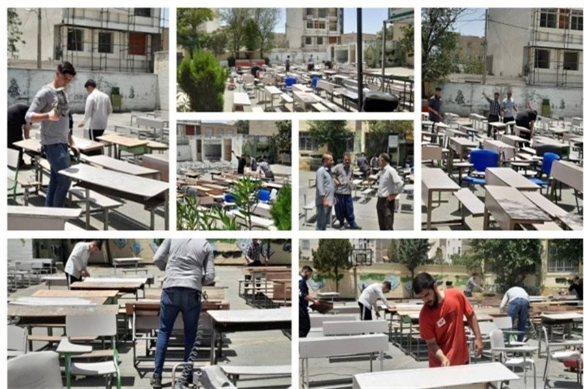 مرمت و بازسازی میز و نیمکت‌های مدارس به همت گروه‌های جهادی
