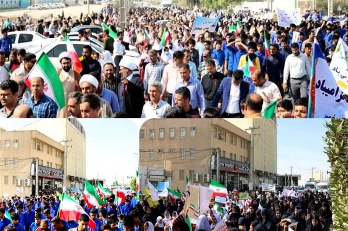 حضور با شکوه فرهنگیان و دانش‌آموزان بندرخمیری در راهپیمایی ۱۳ آبان/فیلم