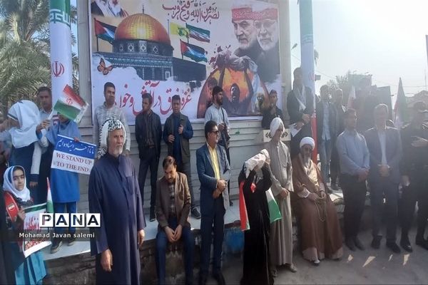 تجمع دانش‌آموزان و مردم شهرستان شادگان در حمایت از کودکان مظلوم فلسطین