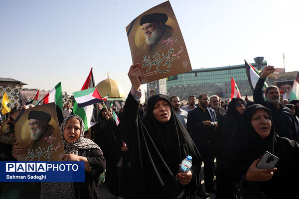 تجمع محکومیت ترور سید حسن نصرالله و قدردانی از عملیات وعده صادق ۲ در میدان امام حسین(ع)